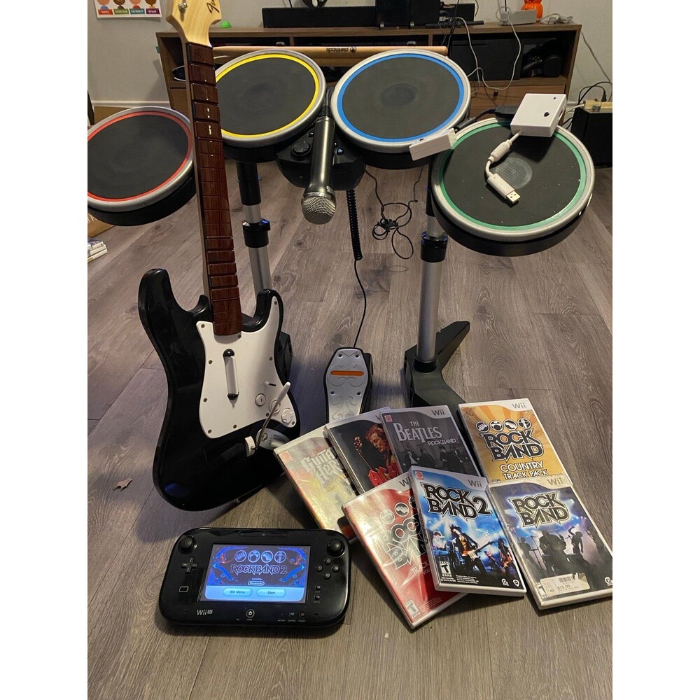 Nintendo Wii Rock Band Bundle -  Guitar, Drums, Mic w 7 games Tested Guitar hero